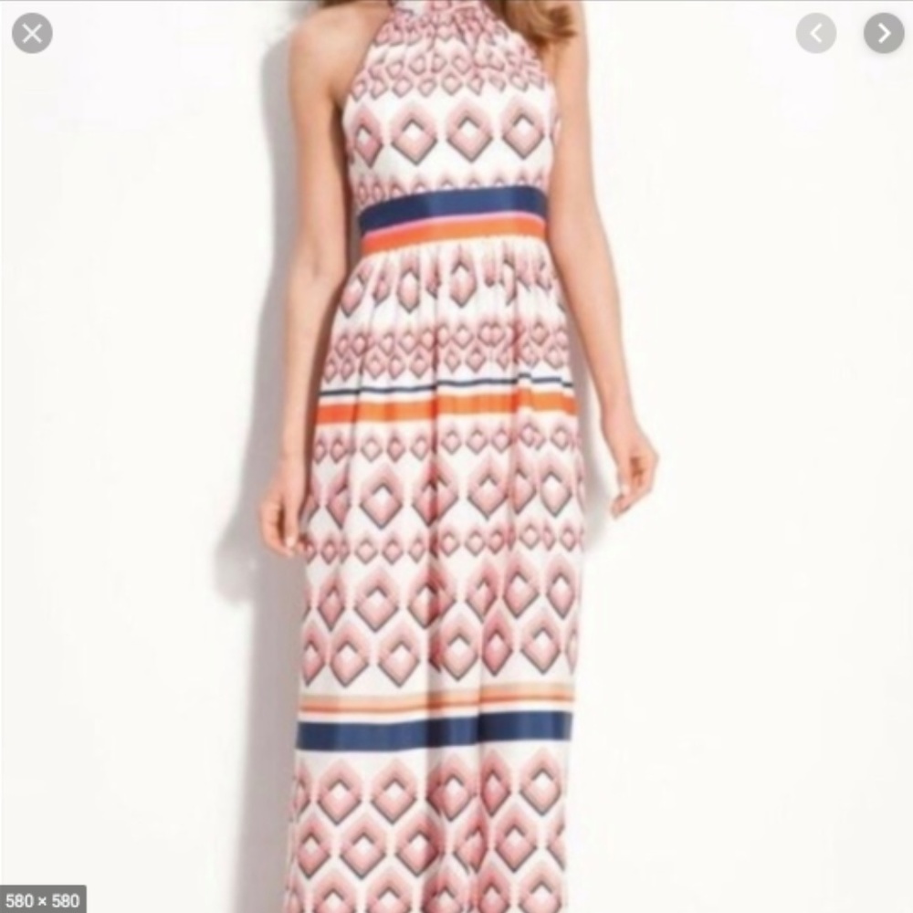 ELIZA J Mixed Geometric Orange Maxi Halter Dress - Picture 2 of 7